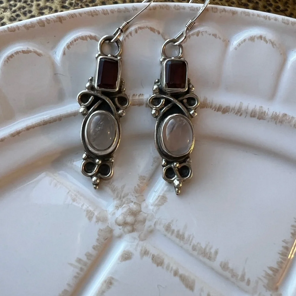 Garnet & Rose Quartz Drop Earrings Vintage Sterling Silver 925 NOS - Picture 2 of 5